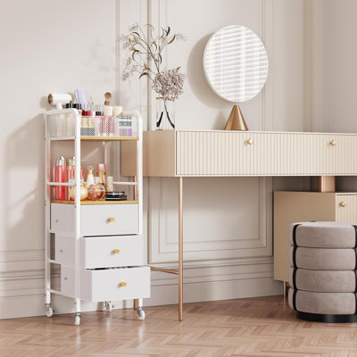 Chariot de maquillage à roulettes avec rangement pour meuble-lavabo 3 tiroirs, 9 compartiments et tablette ouverte