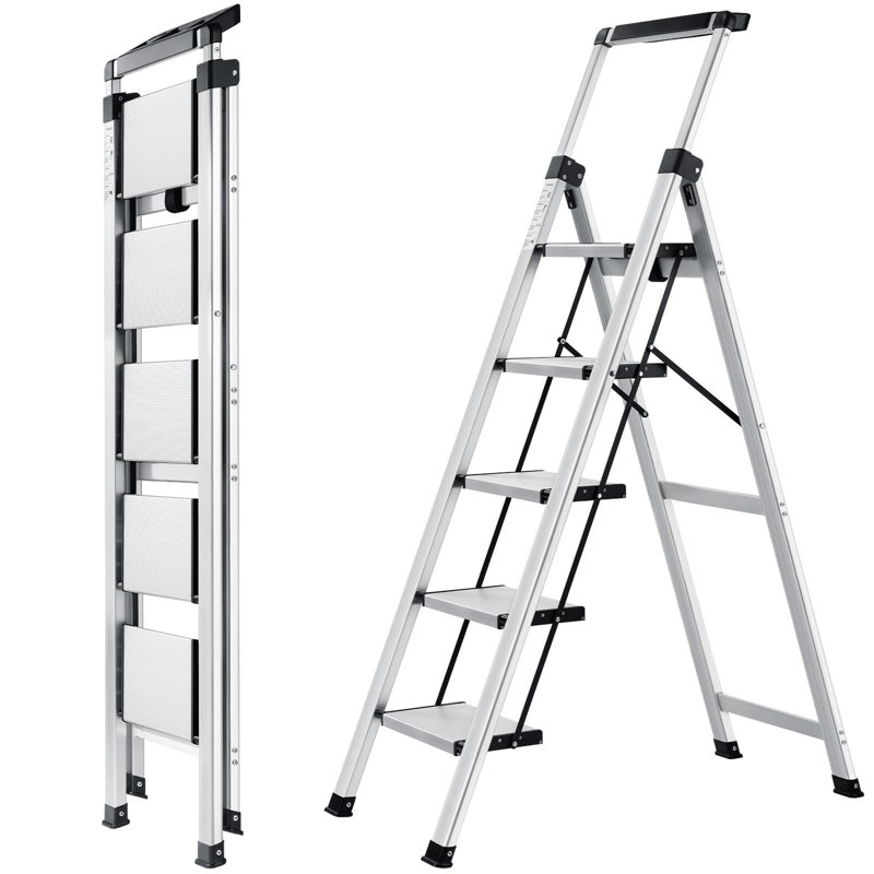 Escabeau pliant en aluminium à 5 marches avec poignée rétractable pour usage domestique intérieur