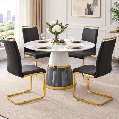 Modern 5-Piece Glossy White Round Dining Table Set with Cantilever Chairs