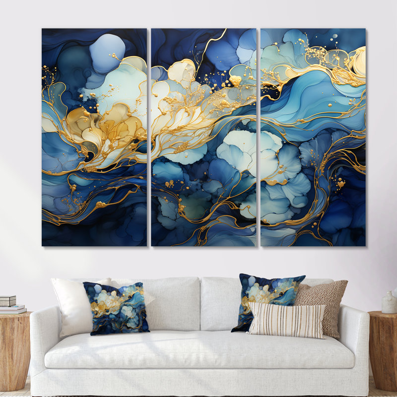 «Celestial Blue and White Sky», art mural abstrait à encre liquide, H 28 po x l 36 po x P 1 po, Toile tendue