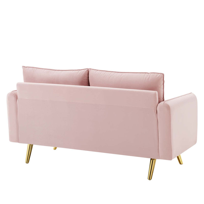 Pink Velvet Loveseat with Gold Legs and Bolster Pillows