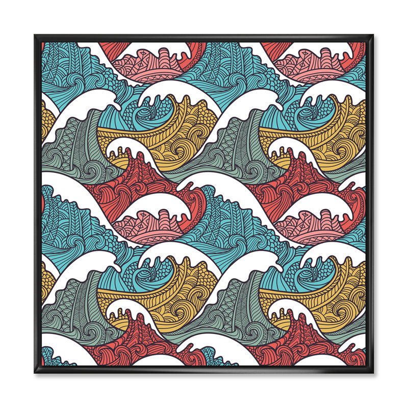 Vagues japonaises rouges, bleues et grises - Impression sur toile, H 36 po x l 36 po, Cadre flottant noir