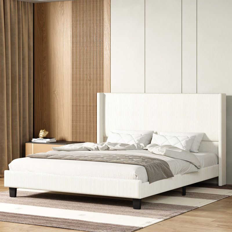 Schauer Corduroy Upholstered Wingback Bed, Metal Frame , Plywood Slats, No Box Spring, Cream, Full / Double