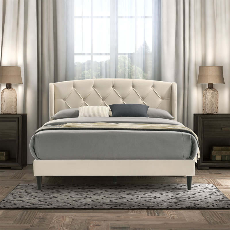 Aurella Upholstered Wingback Bed with Headboard, Queen
