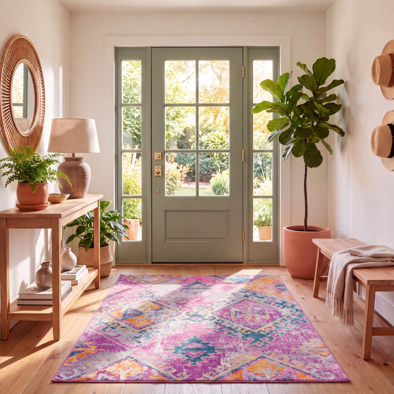 Tapis fuchsia à motif géométrique Felty, Rectangle 5 pi 1 po x 7 pi 6 po