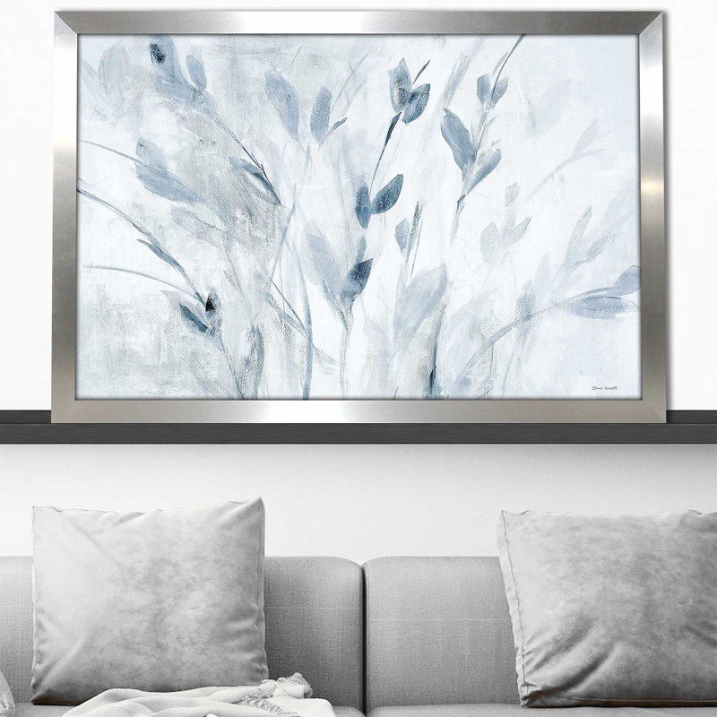 «Blue Misty Leaves» par Lanie Loreth - Peinture, Encadrement argenté, H 33,5 po x l 49,5 po x P 1 po