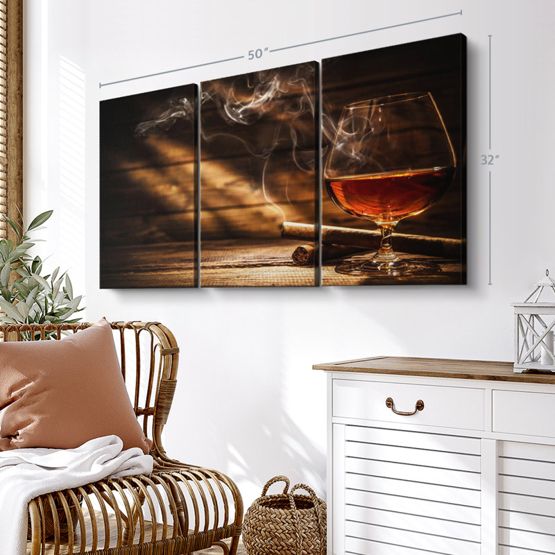 "Cigare rustique et whisky" sur toile, H 32 po x l 50 po x P 1,25 po