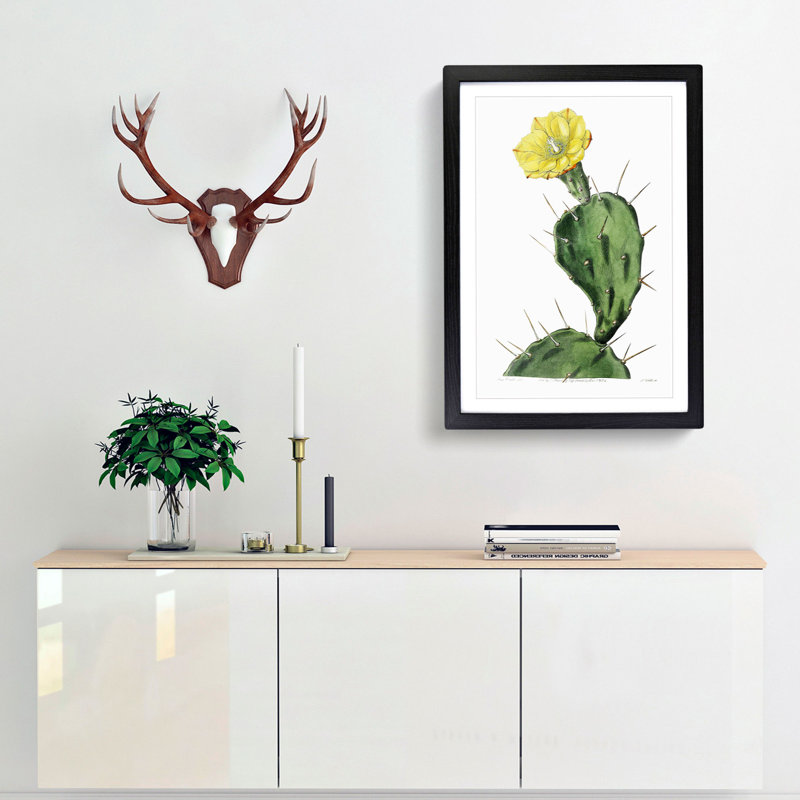 Flowering Prickly Pear Cactus - Framed Print, 36cm H x 27cm W x 2cm D, Black Framed