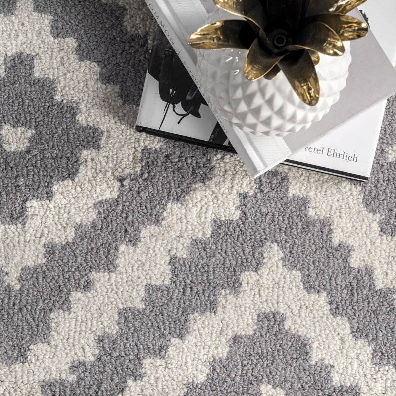 Tapis décoratif en laine à motif géométrique pour le salon, la salle à manger, le vestibule, l'entrée et la cuisine Kellee, gris / blanc