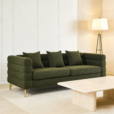 81 Inch 3 Seater Sofa, Living Room Comfort Teddy Fabric Sectional Sofa, Soft Sitting with 3 Pillows for Living Room, Bedroom, Office, Green