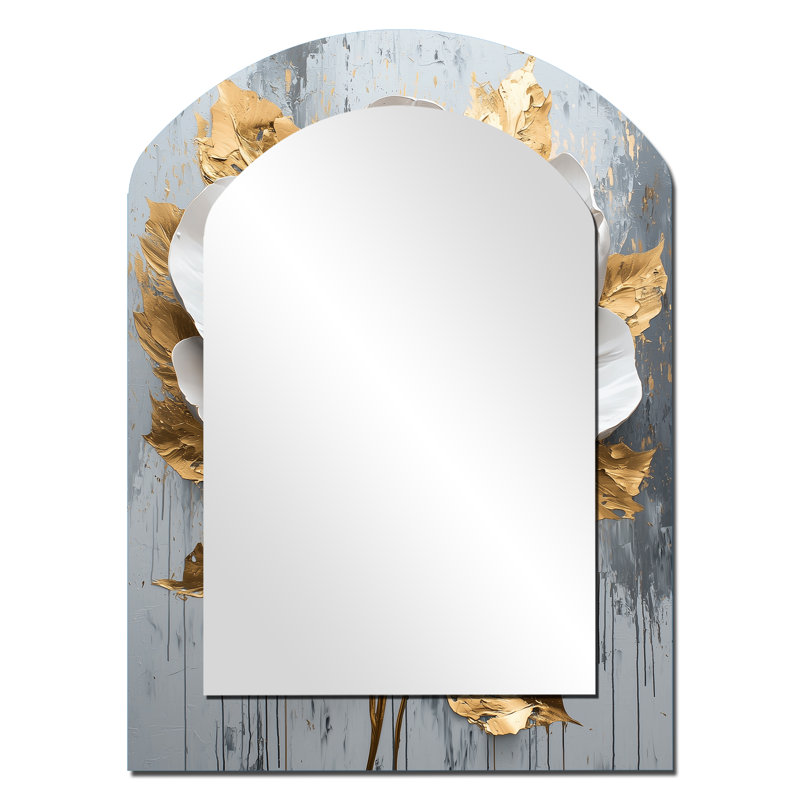 Blanc et doré pivoine Bloom I - miroir asymétrique pivoine, miroir mural décoratif arqué blanc, impression d'art en métal