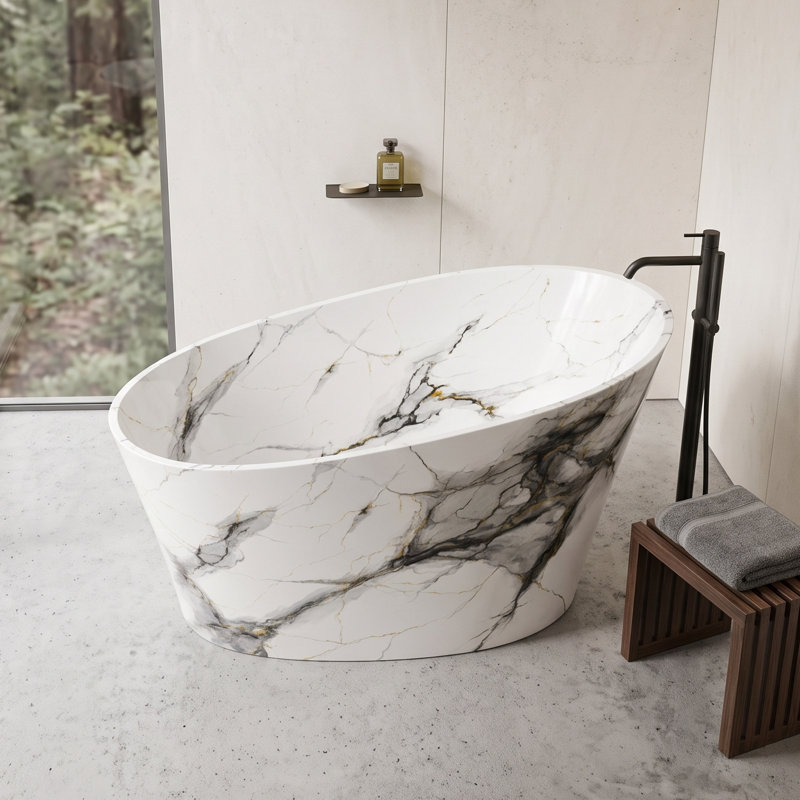 Baignoire 51 po en résine de pierre mate - Motif Calacatta à veines dorées avec siège intégré