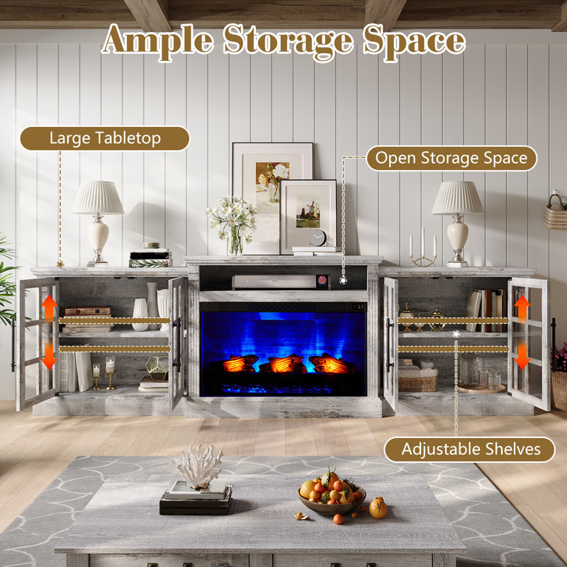 Cletus 97" Large Farmhouse TV Stand with 33" Fireplace, Rustic Gray, Gray