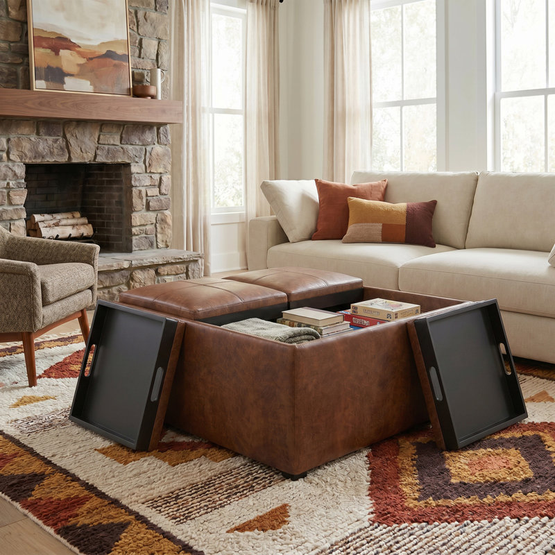 Repose-pieds de rangement pour table basse moderne carrée en cuir végétalien vieilli 35 po avec 4 plateaux Avalon, Noir