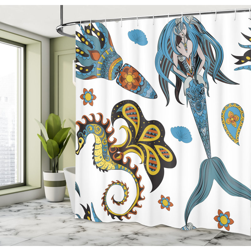Ensemble de rideau de douche et crochets Mermaid, H 69 po x l 105 po