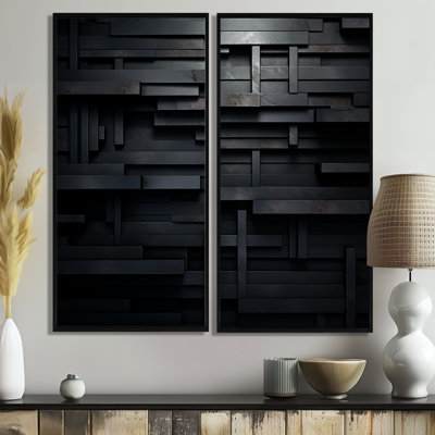 Black Brick Cube Dimensions V - Abstract Geometric Wall Art, Set of 2 Prints on Canvas