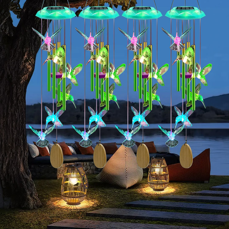 Carillon solaire colibri avec tubes en aluminium imperméable à l'eau changeant de couleur pour la fête des Mères, Vert, 1
