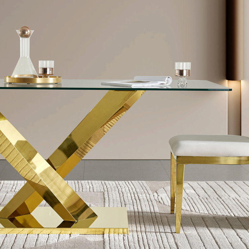 71.55 Inch Tempered Glass Top Gold Rectangular Dining Table, Legs, Understated Design, Functional Stainless Steel Table Of Top, Smooth Surface, Modern Look,