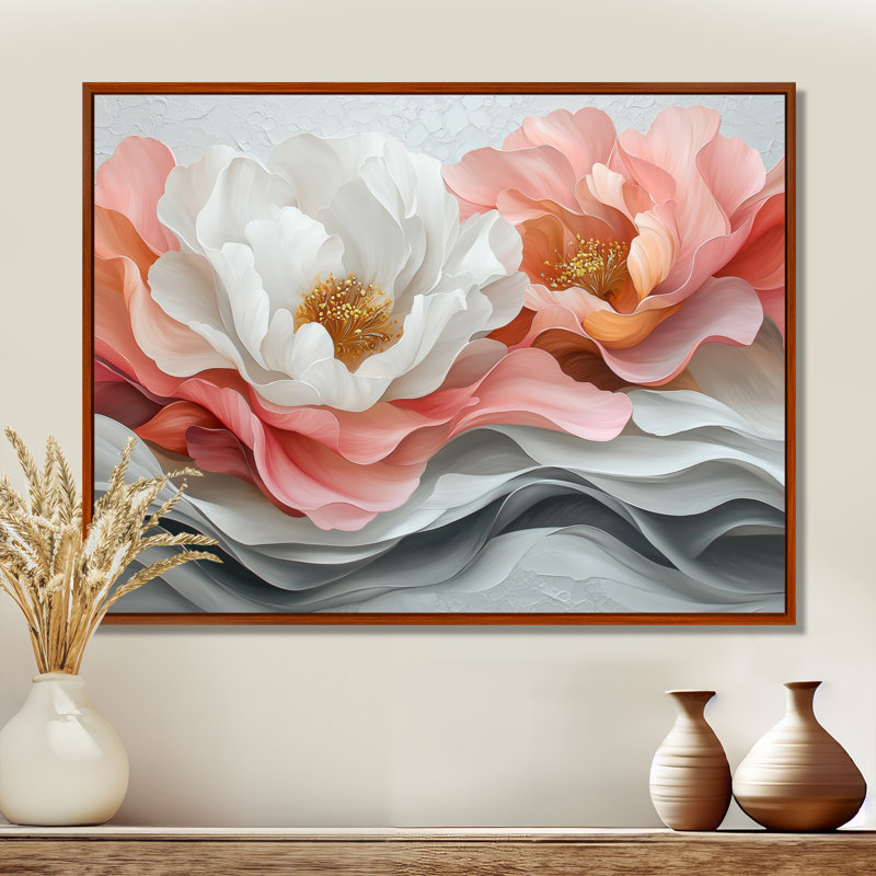 Blanc et corail, pivoines élégantes I - pivoines, art mural, H 24 po x l 32 po, Cadre flottant, Brun