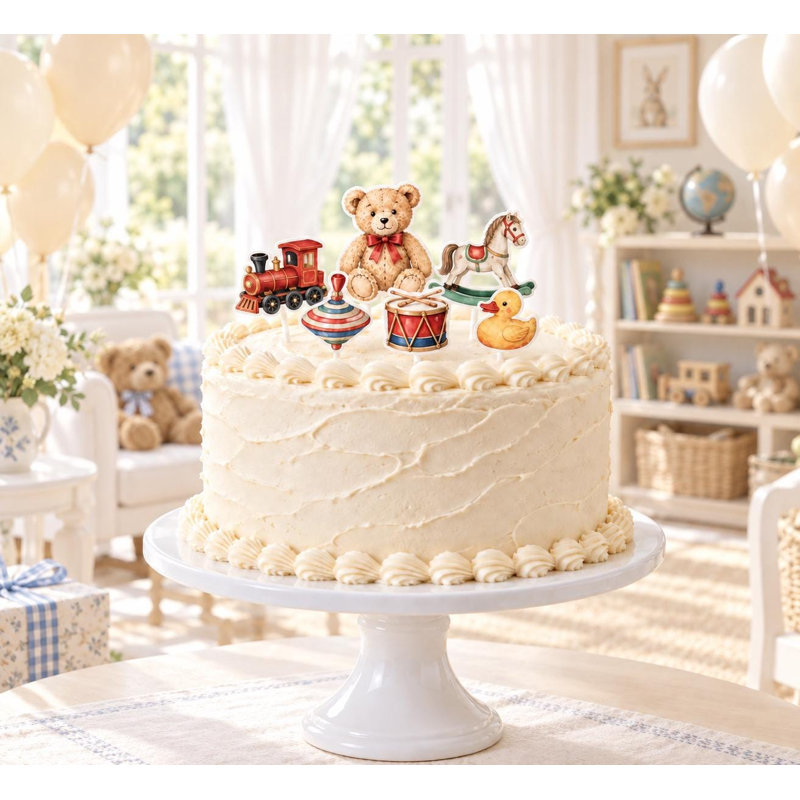 Vintage Toybox Cake Topper Set, 6 Different Retro Toy Designs, Cardstock Birthday Decorations
