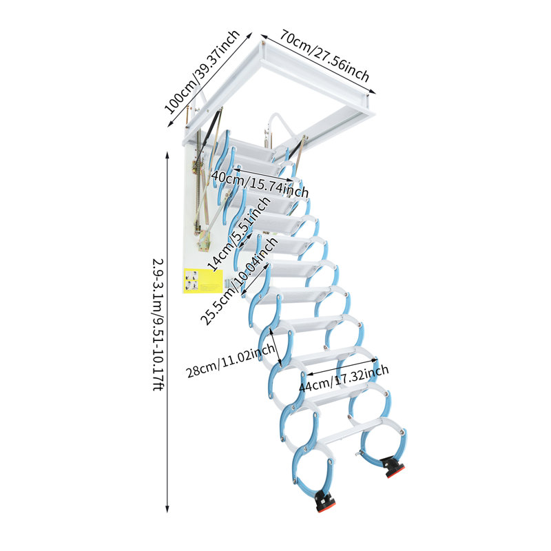 12 Steps Pull Down Folding Attic Stairs Ceiling Mounted With Pull Rod 661LB, White/Blue