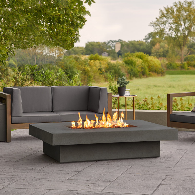Geneva Rectangle Concrete Propane Fire Pit Table by Jensen Co., Flint, 14" H x 60" W x 45" D