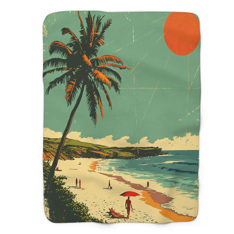 Couverture en sherpa de qualité supérieure 1 pièce Nostalgic Island Beach, Grand lit