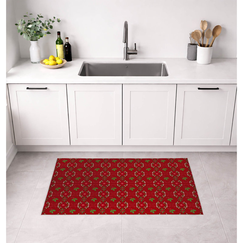 Botanical Poinsettia Low Profile Kitchen Mat, Red, Rectangle 7' x 5'