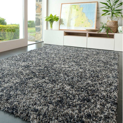 Geyer Grey Black Shaggy Rug Soft Fluffy Deep Pile Mottled Warm Bedroom Mat