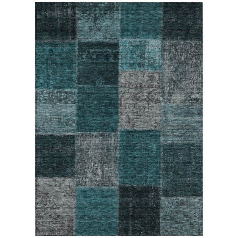 Tapis d'extérieur lavable bleu sarcelle 5 pi x 8 pi bleu turquoise et gris anthracite