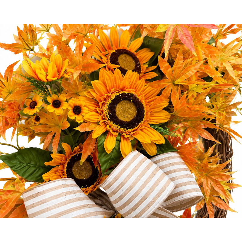 Couronne de fleurs 26 po avec feuilles d'érable et feuilles de tournesol pour la porte d'entrée