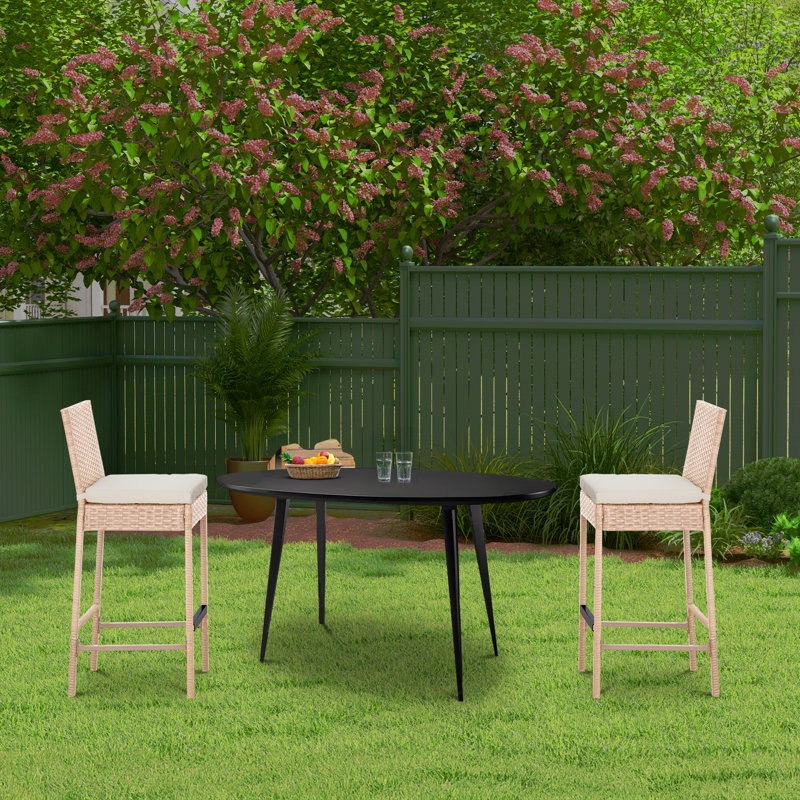 Set of 2 30" Outdoor Wicker Bar Stools with Cushion, Aluminum Frame, Beige, Yellow