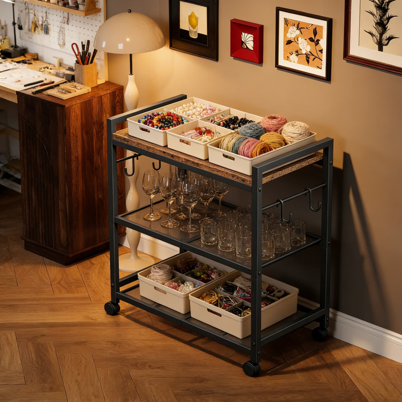 3-Tier Rolling Kitchen Cart With Locking Wheels, Mobile Storage Shelf With Wood Top And Wire Shelves, Vintage Industrial Bar Cart For Home, Office, Or Dorm
