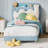 Twin Velvet Upholstered Kids Bed with Drawer, Low Profile, Wood Slats, Blue