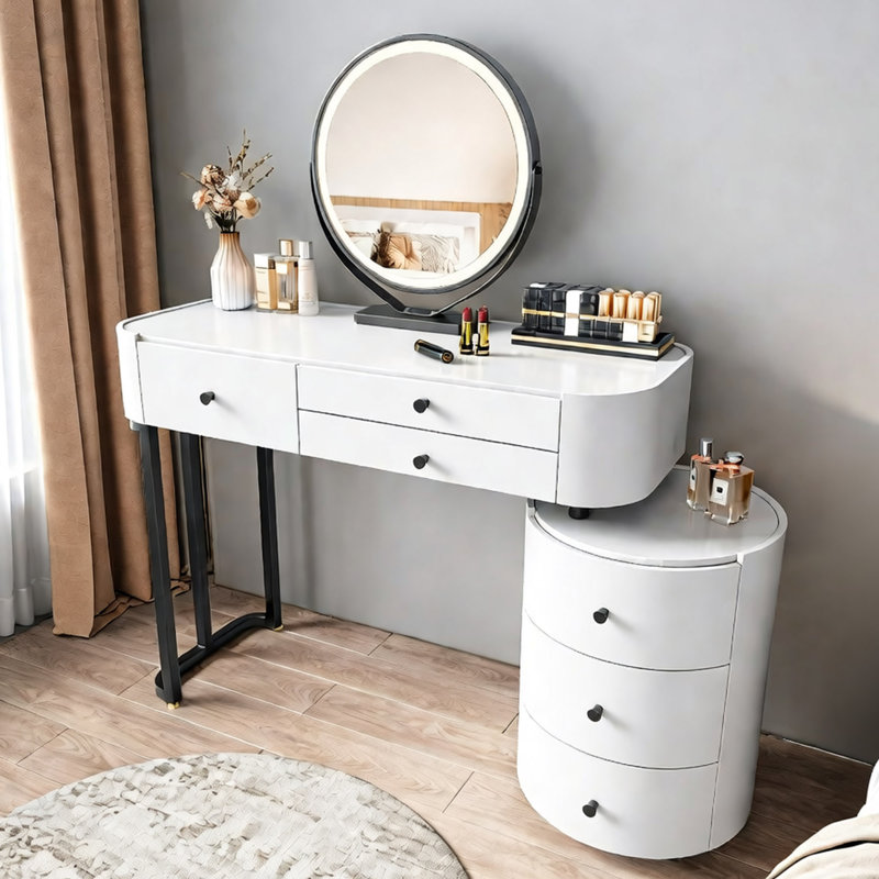 Minimalist Makeup Vanity With Detachable Led Mirror, Rotatable Side Cabinet, Vanity Desk For Bedroom