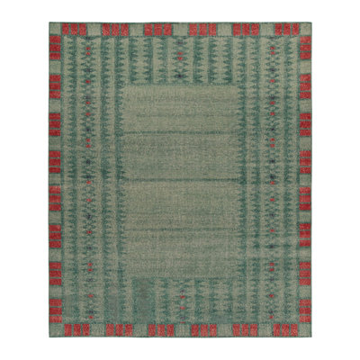 Rug & Kilim’S Distressed Swedish Deco Rug In Blue & Red Geometric Pattern