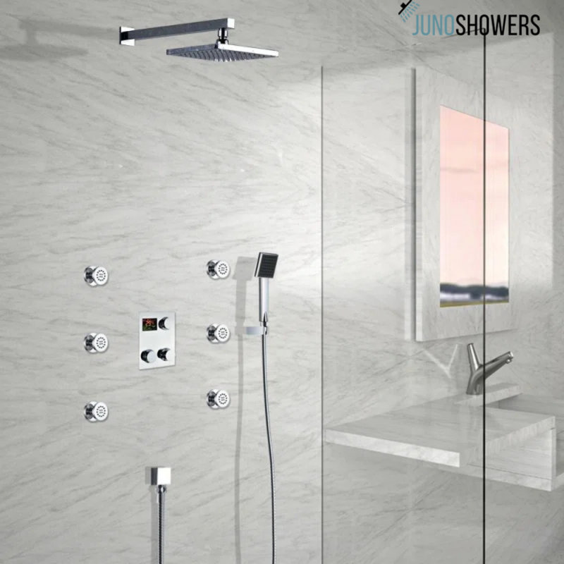 Système de douche en acier inoxydable de 12 pouces avec valve thermostatique et douchette multifonction