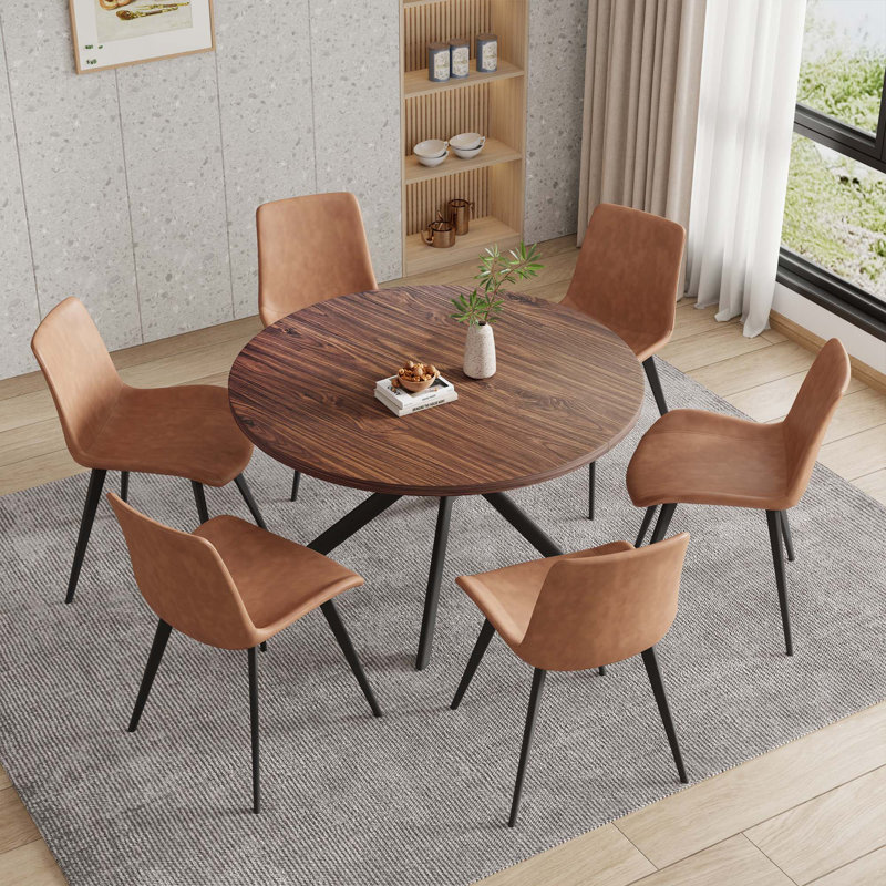 Rohun 45.3"L Round Modern Kitchen Dining Table with 32.4"H Dining Chair, Brown/Black, 5 Pieces: Table, 4 Chairs, Brown/Black