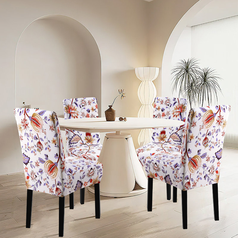 Housses de salle à manger extensibles, housses de chaises de salle à manger, ensemble de 6, Motif floral blanc / rose
