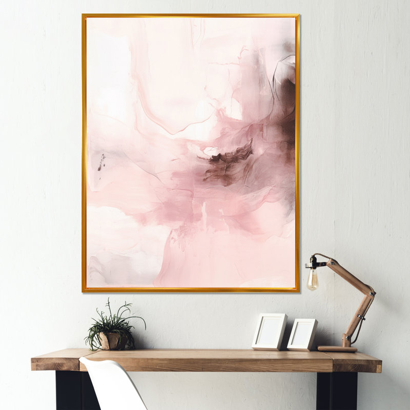 Rose délicat abstrait marbre IV - art mural abstrait en marbre, H 32 po x l 16 po x P 1 po, Cadre flottant doré