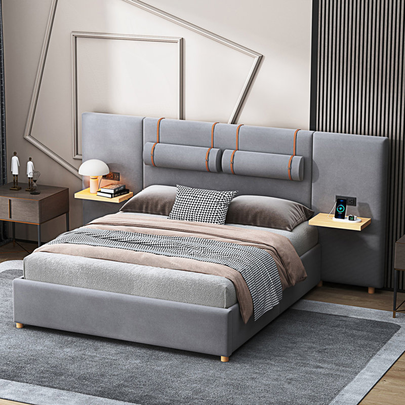 Grand lit plateforme tapissier avec deux prises et ports de charge USB des deux côtés, gris