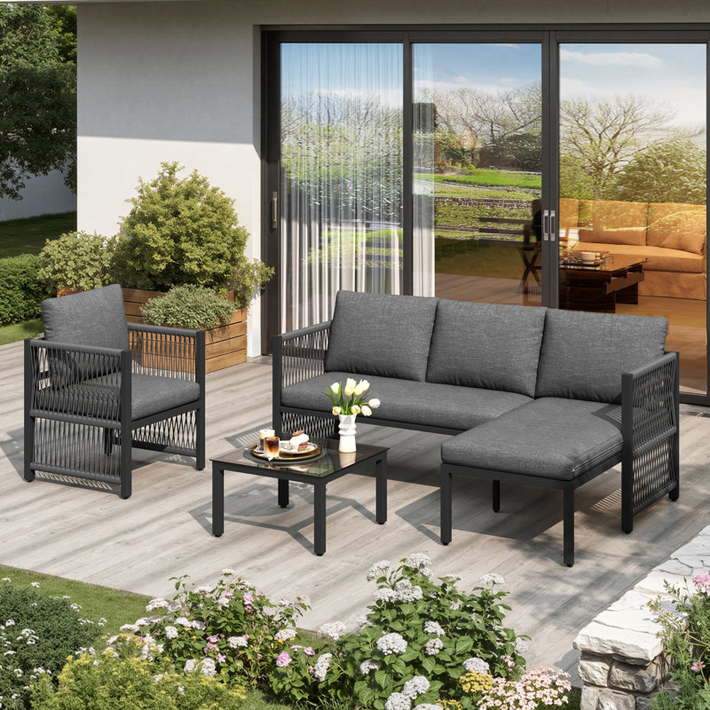 4-5 Seat Modular Outdoor Sofa Set With Glass Table & Polyester Rope