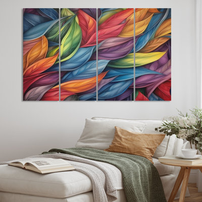 «Vintage Rainbow Pastel Leaves Boho Watercolor II», reproduction sur toile tendue 4 pièces