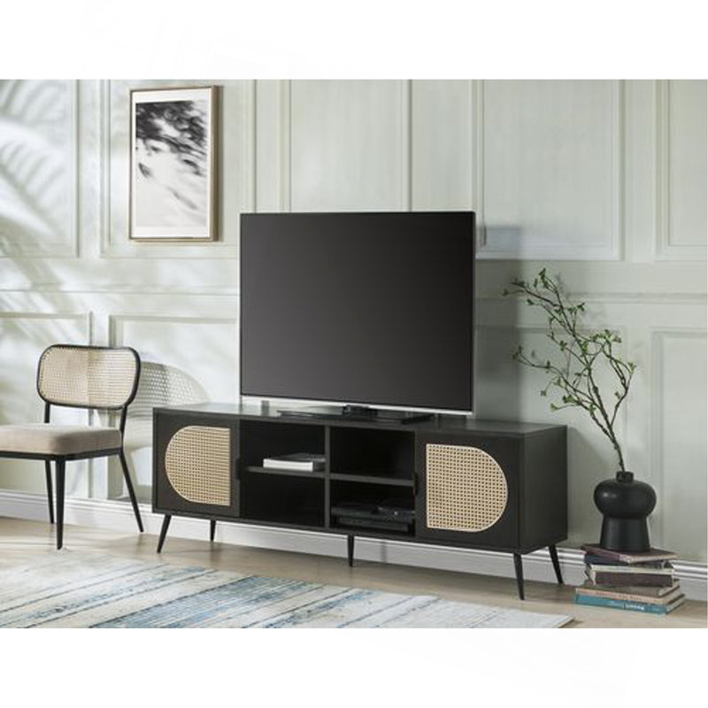 Charmant meuble télé en bois avec insert en rotin élégant et rangement polyvalent
