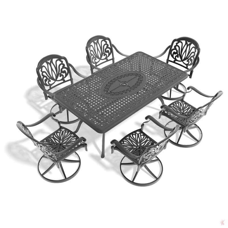 Cet ensemble de salle à manger en fonte d'aluminium toutes saisons comprend des chaises pivotantes et une table ronde avec cadre noir