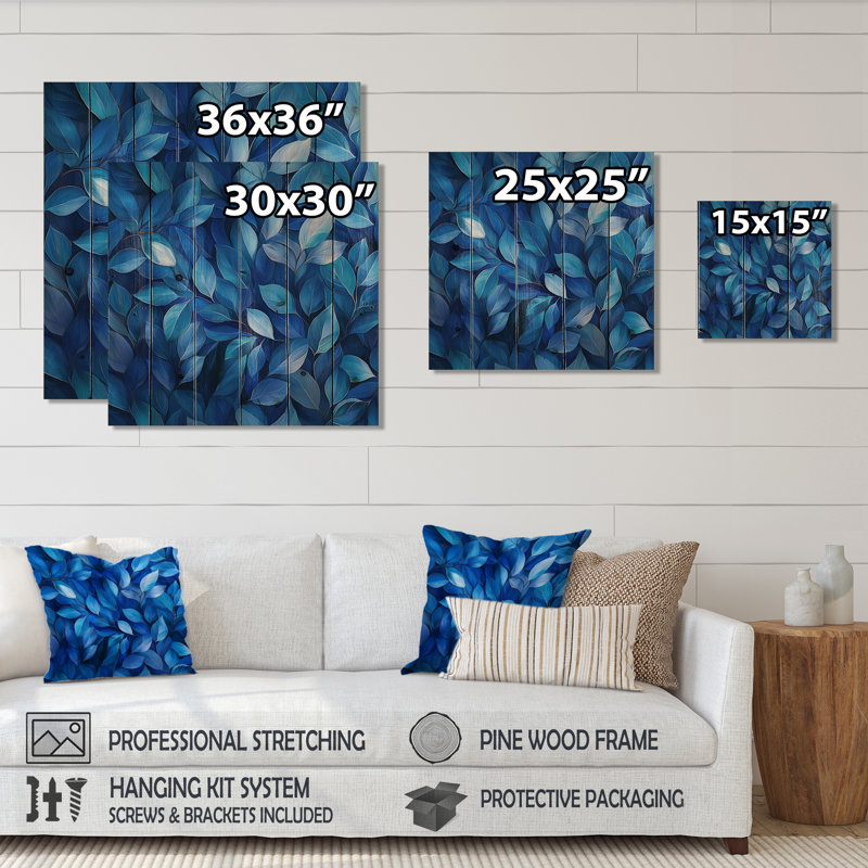 Feuilles de cobalt collage clair de lune III - décoration murale feuilles de bois - sur bois de pin naturel