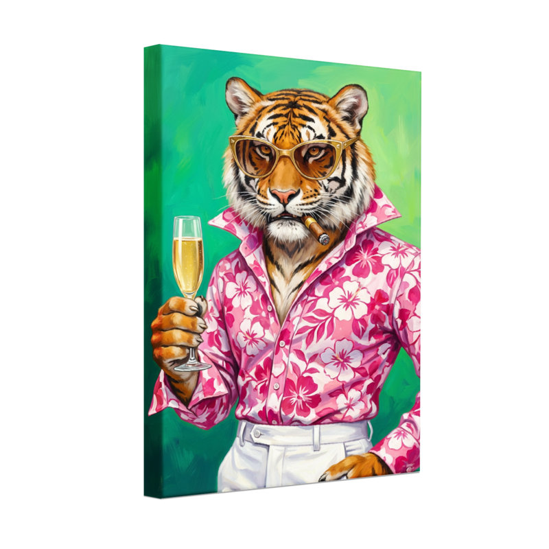 Animals Tiger Wears Pink Shirt Holds Champagne, 18" H x 12" W