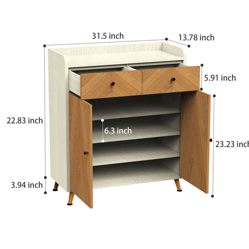 4-tier Shoe Cabinet With 2 Doors & 2 Drawers, Herringbone Wood Freestanding Shoe Rack With Adjustable Shelves For Entryway, Wood Finish