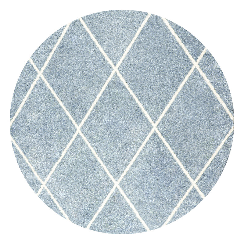 Bertrice Minimalist Diamond Trellis Light Blue/White Rug, Round 5'3"