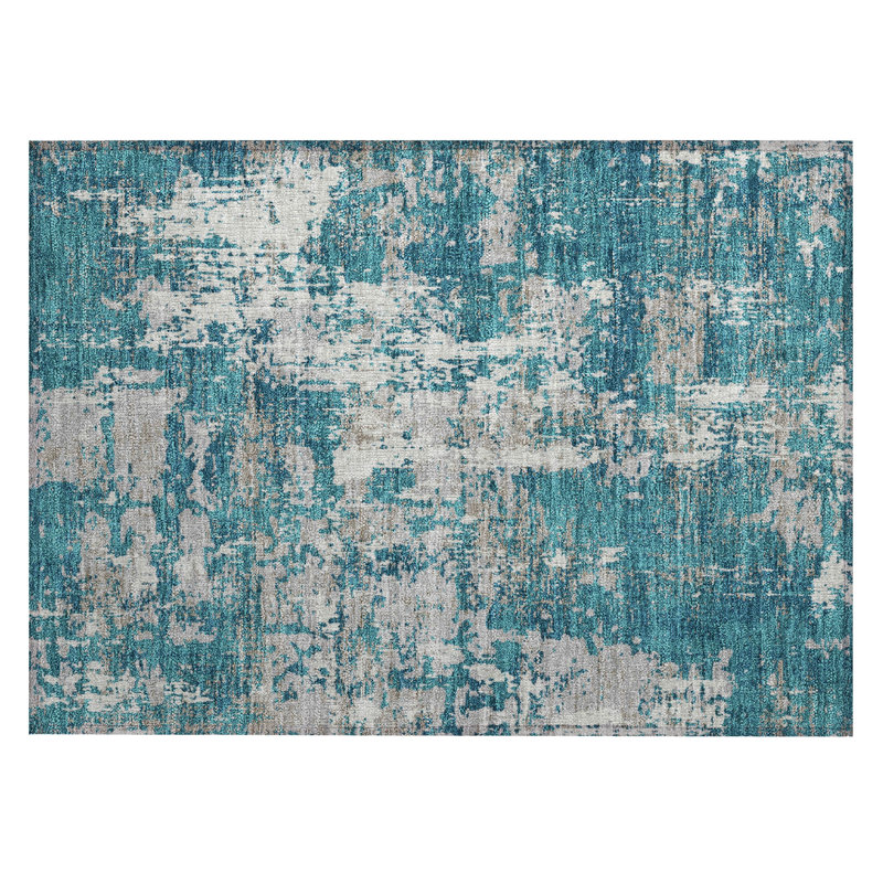 Teal Abstract Flat Woven Washable Indoor Outdoor Rug